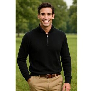 Bloomingdales Men's Black 100% Merino Wool‎ 1/4 Zip Mock Neck Sweater Size XXL